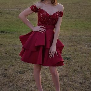 off the shoulder red taffeta dress